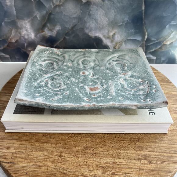 Studio Art Pottery Riser Footed Trinket Tray Dish 8.5" Blue Swirl Handmade - Picture 2 of 8